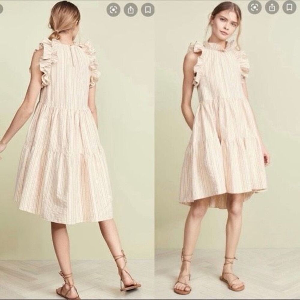 Ulla Johnson Tasmin Dress 4 Cream Pink Rose Striped Ruffle Sleeve Trapeze Mini